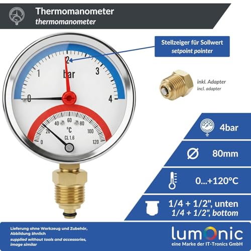 Lumonic Thermomanometer 4 bar 0-120 °C | 1/4 + 1/2 inch (adapter) | connection bottom | diameter 80 mm, large scale | heating pressure gauge | metal housing 80 mm, bottom 0-4bar
