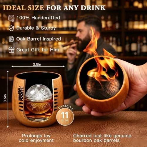 Charred Oak Wooden Bourbon Drinking Glass 2-Pack, 11oz Handcrafted Whiskey Glasses, Wooden Old Fashioned Glass, Perfect Bourbon Gifts for Men, Dad, Brother & Whiskey Enthusiasts