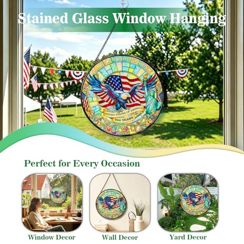 8 Inch Stained Glass Window Hanging, Sun Catcher with Metal Chain and Hooks, Decorative Stained Glass Panel for Garden & Patio (Eagle) Eagle