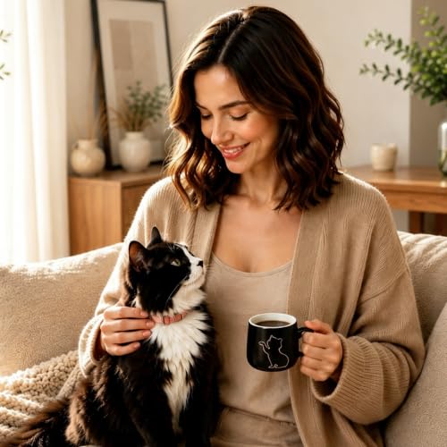 6 oz Ceramic Espresso Cups Set of 2 with Saucers Black Cat Coffee Cup Set with Gold Rim and Gift Box for Espresso Cappuccino and Coffee