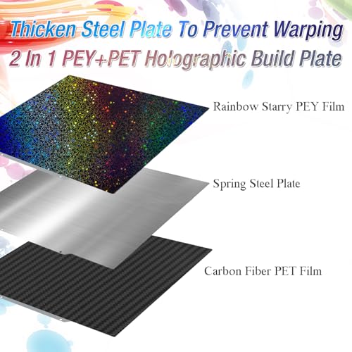 Rainbow PEY+Carbon Fibre PET Printing Plate 330 x 330 mm, Smooth Holographic PEY PET Spring Steel Print Bed for QIDI X-max 3 for Elegoo Neptune 3 Plus/Neptune 4 Plus/for Tronxy X3S/X5SA/X5SA 330x330mm PEY Starry+PET Carbon Fiber