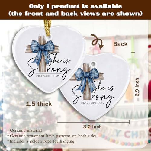Christian Ornament, Christian Gifts for Women, Blue Bow Cross Bible Verse Heart Ornament Keepsake Sign, Proverbs 31 Woman Gifts, Religious Scripture Hanging Ornaments, 2.75x3 Inch 03-bow(02)