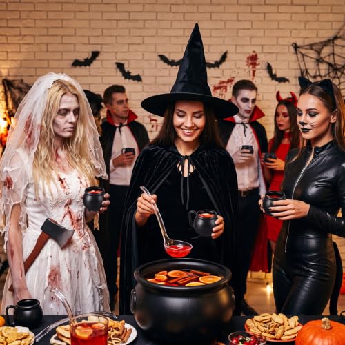 8 Pcs Halloween Cauldron Punch Bowl Set, 12.6 Inch Witch Cauldron Candy Bowl with Ladle and 6 Mini Black Cups, Plastic Trick or Treat Candy Holder for Halloween St. Patrick's Day Party