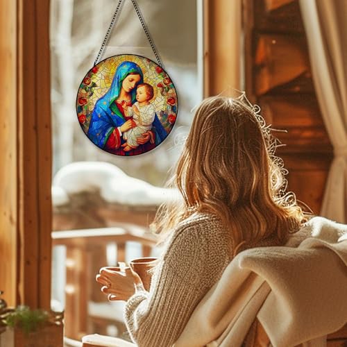 Virgin Mary Suncatcher Stained Glass Window Hanging, Religious Sun Catchers Indoor Window Glass Round Wall Decor, Spiritual Wall Art Hanging Decorations, 7.8＂x7.8＂ Virgin Mary