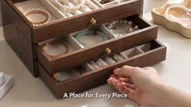 3 - Layer Wooden Drawers Jewelry Box for Women, Jewelry Organizer with Acrylic Cover & Velvet Lining - Adjustable Compartments for Earrings, Rings, Necklaces, Bracelets, Lipstick