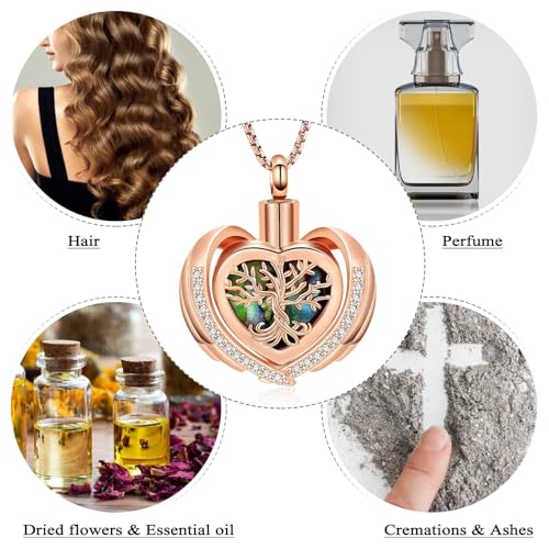 Tree of Life Cremation Jewellery Urn Necklaces for Ashes Heart Shape Lovers Keepsake Memorial Urn Stainless Steel Ash Pendant Cremation Jewellery Rose Gold