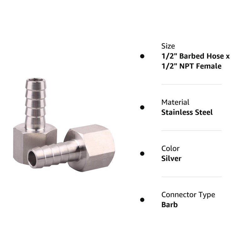 DERNORD 1/2" Barbed Hose x 1/2" NPT Female - Home Brew Fitting 304 Stainless Steel Pack of 2