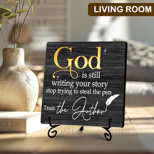 Black Christian Desk Decor, God is Still Writing Your Story Sign, Bible Verse Small Decor for Shelves, Inspirational Christian Gift for Woman Men, Religious Table Decorations-5''x5'' black gold