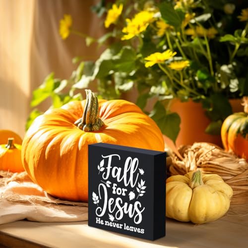 Woght Cute Fall Decoration for Home, Fall for Jesus He Never Leaves Sign Home Decor Leaves Decorations Sign, Autumn Office Desk Table Cubicle Shelf Decor 5 X 5 Inch (Black) Fall12 5 inches by 5 inches