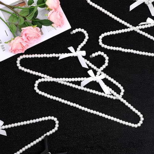 SHENLIU 6 Pack Pearl Clothes Hangers, Elegant Bridesmaid Hangers with White Ribbon Trim Hanger, Closet Coat Storage Organizer Bowknot Standard Wedding Hanger for Wedding Engagement Gowns Suits Shirts A