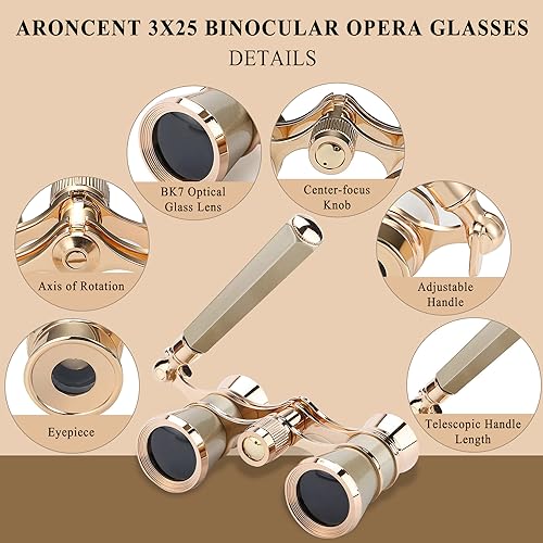 Aroncent Opera Glasses Binoculars 3X25 Theater Glasses Mini Binocular Compact with Handle for Adults Ladies Women in Opera Musical Concert B-Gold with Handle