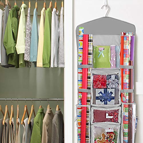 ProPik Hanging Double Sided Christmas Gift Wrapping Paper Storage Organizer With Multiple Pockets Organize Your Gift Wrap, Gift Bags Bows Ribbons 40"X17" Fits 40 Inch Rolls Clear PVC Bag 1 Unit (Grey) Grey