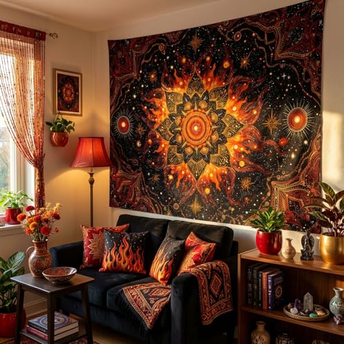 Spenlife Celestial Sunburst Tapestry, Fire Mandala Tapestries for Bedroom, Boho Wall Decor, Cosmic Tapestries (80" x 60") 80"L x 60"W Black Orange