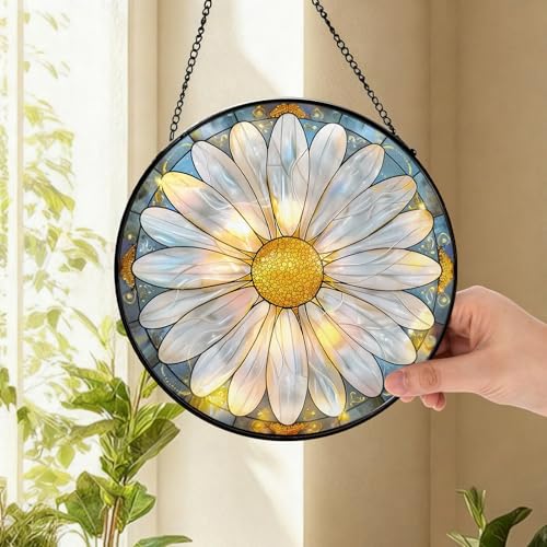Radiant Daisy Flower Suncatcher -7.9 in Stained Glass Window Hanging Sun Catcher Garden Decor Gold