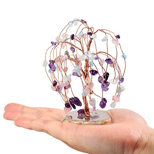 TUMBEELLUWA Healing Tricolor Crystal Money Tree on Agate Slice Base #2 Tricolor