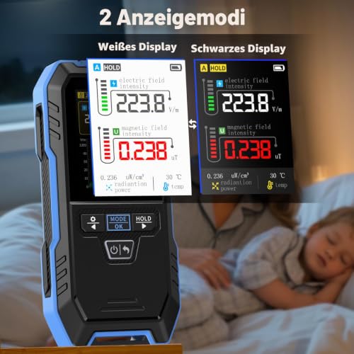 EMF Meter, Electrosmog Meter, 3-in-1 Radiation Meter, Measurement of EF MF RF Automatic Alarm if the Standard is Exceeded, TFT Color Screen for Home, Office and Children's Room.