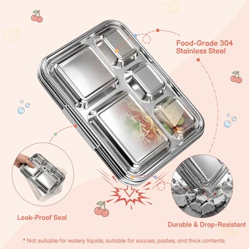 Stainless Steel Bento Lunch Box： 7+Older Kids，Teens and Adults, Leak-Proof, BPA-Free, 5 Compartments, Eco-Friendly, Durable Lunch Box for School, Office, Fitness, Travel, and Meal Prep–（Pink) Pink