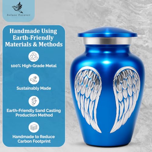 Small Urns for Human Ashes - Handheld Funeral Keepsake & Token Urn for Sharing Portions of Ashes - Blue Memorial Angel Wings Design to Honor a Loved One Small