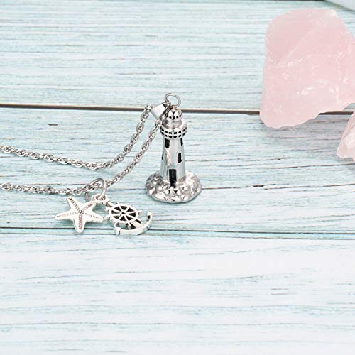 Gredstar Lighthouse Urn Necklace for Ashes, Ocean Memorial Pendant Lighthouse + Anchor + Starfish