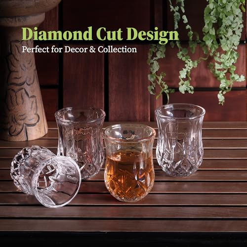 Quaffer Shot Glass (Set of 24) – Elegant Diamond Patterned Shot Glasses 1.75 oz – Classic Whisky Vodka Tequila Sherry Brandy Cordial Mini Snifters Glasses - Perfect for Parties, Bars, Events, Home Bar Set of 24