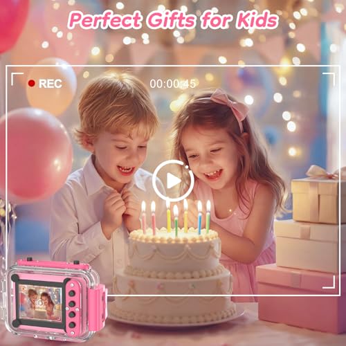 Pool Toy & Kids Underwater Camera - 99FT Waterproof Kid Action Camera 1080P Video&20MP Photo with Flip Lens, Includes 32GB Card for Diving Swimming Beach Snorkeling,Birthday Gift for Girls - GKTZ Pink