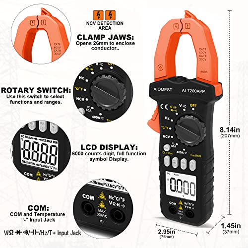 AIOMEST AI-7200APP Bluetooth TRMS 6000-count clamp multimeter with digital display and clamp sensor