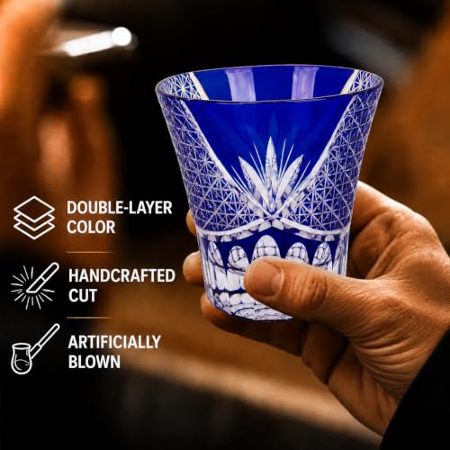 Japanese Whiskey Glass, Edo Tokyo Kiriko Style, Cobalt Blue Hand-Cut blue-022-01 1