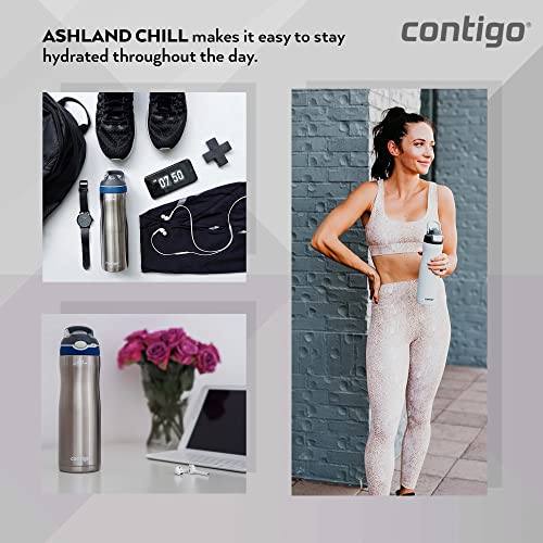 Contigo Ashland Chill Autospout Water Bottle with Flip Straw, Stainless Steel Thermal Drinking Bottle,Leakproof,Grey, BLue, 590 ml Grey, B Lue