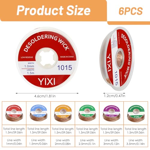 Desoldering Wire, No-Clean Soldering Braid, 1.5 m Copper Wire, Pack of 6 | 1.0/1.5/2.0/2.5/3.0/3.5 mm for desoldering, desoldering wick for removing solder and disassembling electrical components