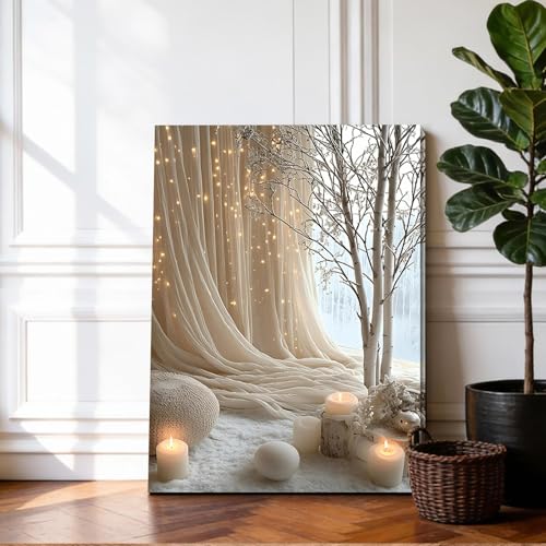 Qiukoo Canvas Wall Art Framed – Cozy Neutral Candle Lights Artwork, Soft Winter Hygge Style Wall Decor for Bedroom, Living Room, Hallway or Entryway Home Decoration, with Hooks and Nails, 12x16 Inch 40L x 30W cm