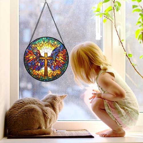 Christian Cross Wings Stained Glass Window Hanging Suncatcher Gifts 7.8" Gold 7.8x7.8 IN