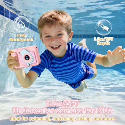 Underwater Camera for Kids - IP68 Waterproof Camera, 48MP Dual Lens, 1080P Video Recording, Toddler Camera for Pool & Beach, Ideal Christmas Birthday Gifts for Boys Girls Age 3-12(Cute Pink) Cute Pink