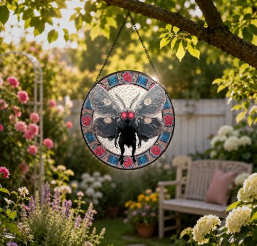 Mothman Dark Cryptid Creature Round Stained Glass Suncatcher Window Hanging Color09
