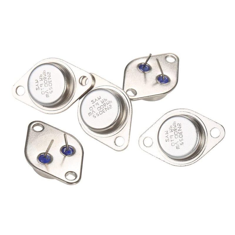 Pack of 5 Power Transistors Diameter 4 mm / 0.16 Inch 2N3055 Transistors 15A 100V Metal Housing Nut Washing Transistors NPN High Performance Transistor for Power Supply Circuits Series and Shutdown