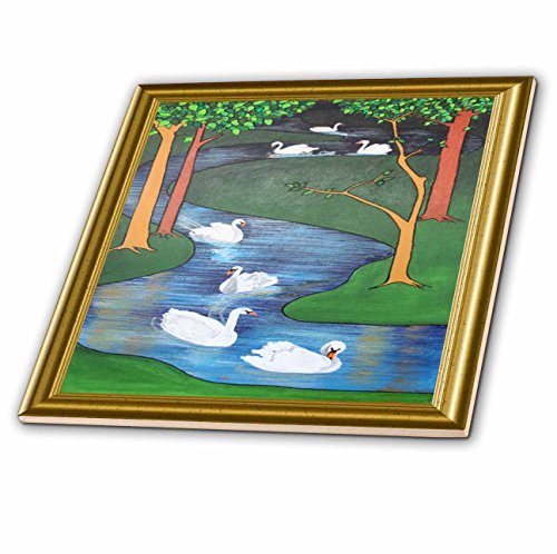 4 Inch Ceramic Tile - Seven Swans A Swimming- Art Nouveau, Stained Glass, Religious Symbolism, Twelve Days of Christmas Acrylic Painting - Swans