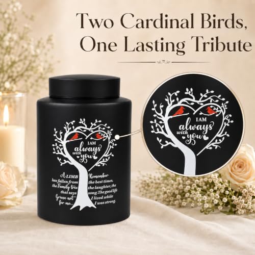 Up to 140 lbs Medium Urns for Human Ashes Adult Female Male, 7.3 Inch Cremation Urn for Human Ashes, Decorative Stainless Steel Funeral Memorial Sharing Urn with Two Cardinal Birds, Black