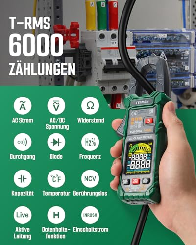 TESMEN TCM-300A Digital Clamp Meter 6000 Counts T-RMS Ammeter Auto Ranging Multimeter Voltmeter with AC Current AC/DC Voltage NCV/Live Wire Inrush Current Resistance Diode Temperature - Green