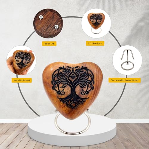 5MOONSUN5's Wooden Heart Tree of Life Engraved Urn Keepsake Cremation Urn for Human pet Ashes Handcrafted Urn Heart Shaped - Perfect for Adults & Infants with Brass Stand 3 inch