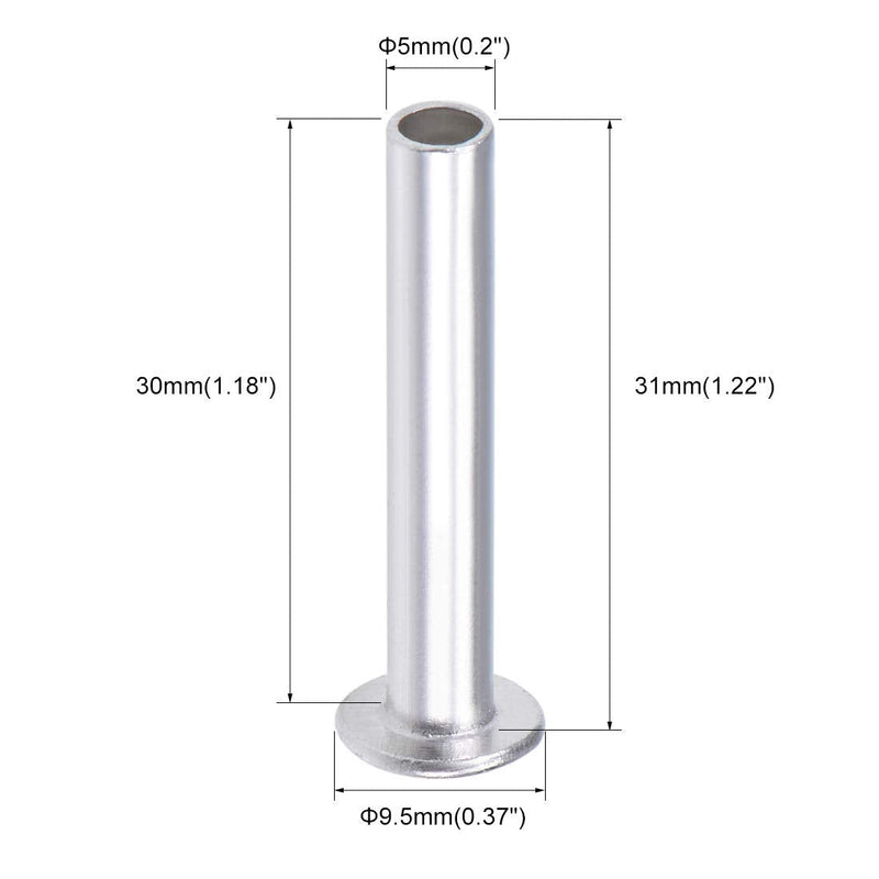 [Australia - AusPower] - uxcell 50 Pcs 5mm x 30mm Aluminum Flat Head Semi-Tubular Rivets Silver Tone 
