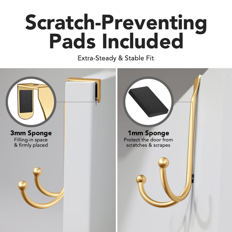 [Australia - AusPower] - 2-Pack Over The Door Hooks - with 2 Hang Heads & Snug Fit Pads Heavy Duty Hook for Hanging Coats, Towels, Caps & Robes - Elegant Matt Finish - No Drill Hanger Organizer - Gold 