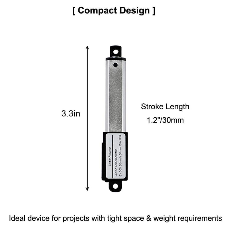ZCONIEY Micro Linear Actuator with Limit Switches 12V DC, 64N, 30mm Stroke 1.2" with Mounting Brackets