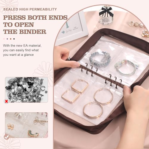 Jewelry Storage Book Transparent Earring Organizer Book travel jewelry organizer Book for Earrings Necklace Bracelet Ring, Brown Brown jewelry book + Large jewelry bags 48 PCS