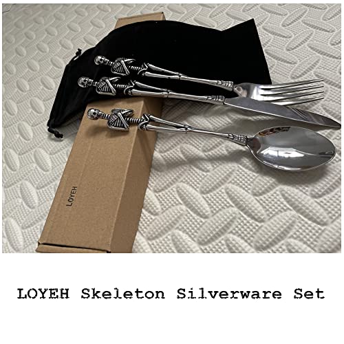 Skeleton Skull Silverware Set, LOYEH Stainless Steel Spoon Fork and Knife Flatware Tableware Design Modern Look Great Gifts For Halloween Easter and Christmas (SKULL - 3 IN ONE) Silver Skeleton Design 3 in 1