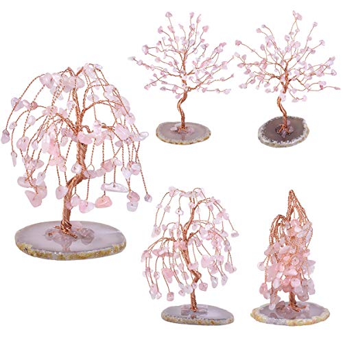 TUMBEELLUWA Healing Rose Quartz Crystal Money Tree on Agate Slice Base #1 Pink