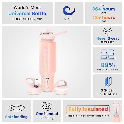 Coldest Sports Water Bottle - 3 in 1 Lids (Chug, Straw, Handle) - Insulated Stainless Steel Tumbler with Handle - Vacuum Water Flask Cup, Valentines Gifts for Him Her (46 oz, Forever Pink Glitter) 46 Ounces
