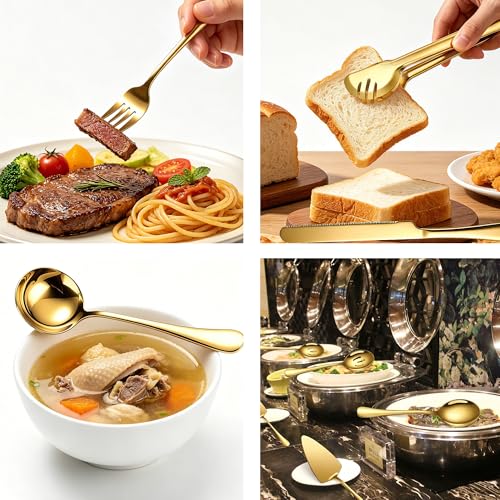 8 PCS Cutlery Serving Set Large, Stainless Steel Serving Utensils Include Serving Spoon,Slotted Spoon,Fork,Soup Ladle,TongsCake Server and Bread Knife (Gold) Gold