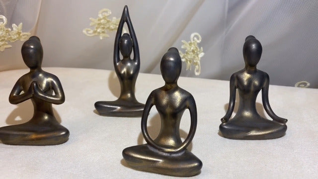 OwMell Lot of 4 Meditation Yoga Pose Statue Figurine Ceramic Yoga Figures Patina Gold