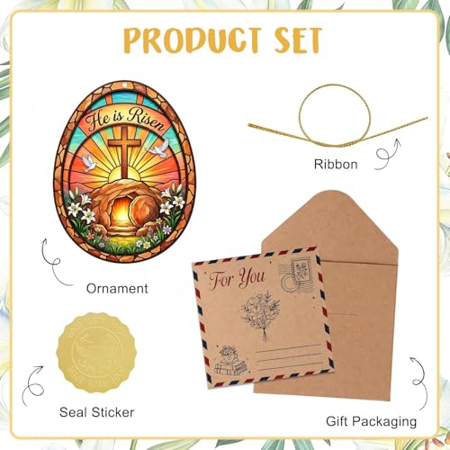 Easter Egg Ornament for Tree Decorations - He is Risen Cross Easter Decor - Religious Gifts for Women Men Kids, Catholic Gifts, Stained Glass Egg Ornament and Easter Basket Stuffers 6499