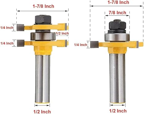 Tongue and Groove Router Bits Set, ZOKMOK Plus 3 Teeth Adjustable T Shape Router Bits Set, 1/2'' Shank, 1/4'' Cutter 1/2 Shank