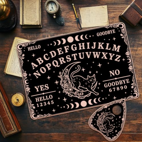 WEBEEDY 2pcs Wooden Spirit Board Moon Cat Pattern Talking Board with Heart Planchette Dowsing Divination Tool Altar Decor for Halloween Party Mystical Spiritual Gift for Beginners